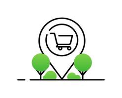 Location Marker Icon with Trees and Bushes, Black Line Art with Green Accent vector