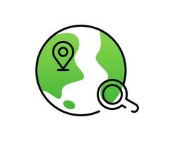 Internet Location Search Icon, Line Art with Earth, Magnifying Glass, Location Marker with green vector