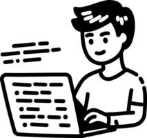 A hand drawn icon of a person doing remote work on laptop vector