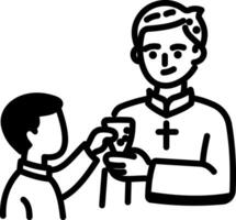 Child giving communion to priest, doodle icon vector