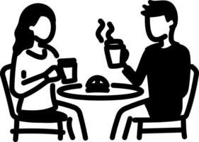 Two person sitting in cafe and drinking coffee, hand drawn icon vector