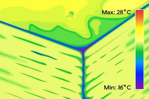 Thermal image of corner in house, boards, wall. Colored thermographic image of the scan camera. The temperature distribution in the building. vector