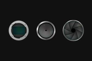 Image sensor, shutter and lens. Camera equipment. vector