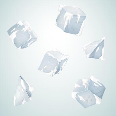 Ice and snow blocks. Transparency ice cubes and pyramids. White background.