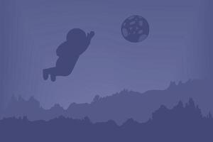 Cosmonaut in space. Astronaut silhouette on blue sky with big moon. vector