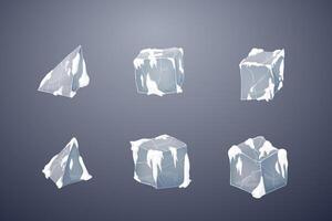 Set of transparency ice cubes and pyramids. Winters snow design. Dark background. vector