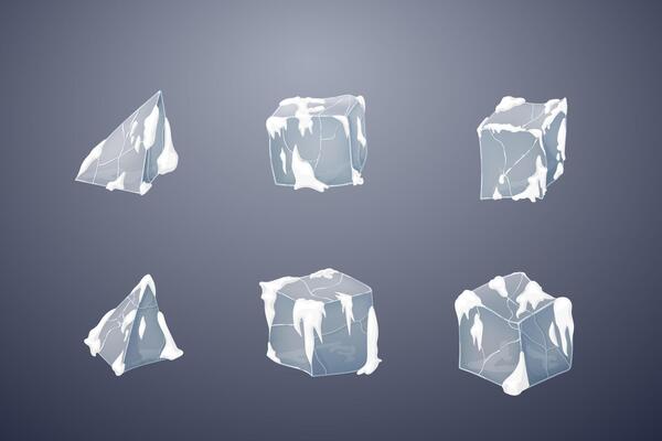 Set of transparency ice cubes and pyramids. Winters snow design. Dark background.
