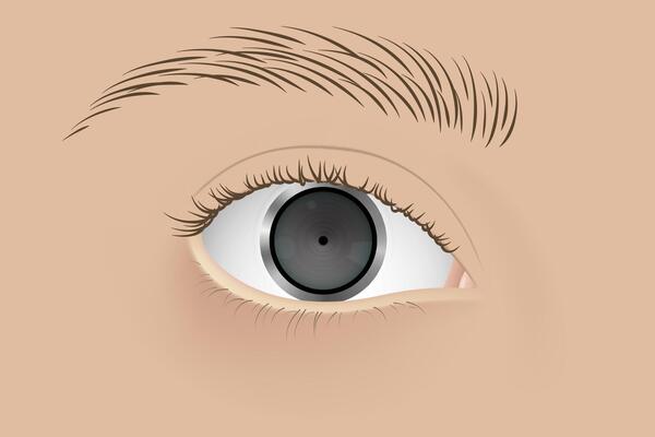Human cyborg with camera inside eye. Realistic photographic equipment instead of eyeball