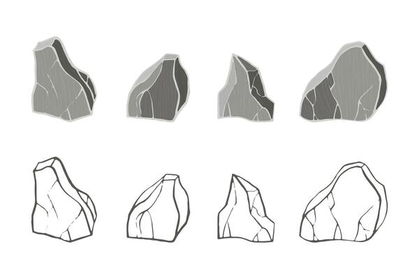 Debris stone set. Different rock blocks. 3d realistic and outline shape.