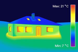Outdoor home. House facade for a thermal imager. Colored thermographic image of the scan camera. The temperature distribution in the building. vector