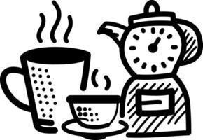 A hand drawn icon of tea set with a clock depicting break time vector