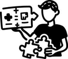 A hand drawn icon of a person holding puzzle pieces directing finding solution vector