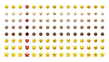 Emoji set. Emoticons pack for web and mobile applications. Facial signs for messengers and chats. Yellow and different skin tones icons. vector