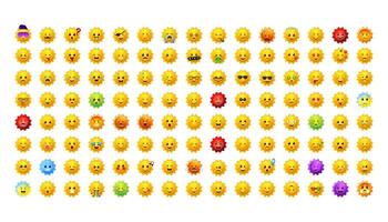Big yellow sun emoji set. Face emoticons pack for web and mobile applications. Facial signs for messengers and apps. vector