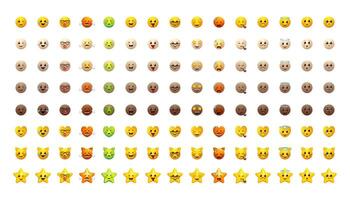 Emoji set. Emoticons pack for web and messengers. Facial signs for apps. Yellow and different skin colors icons. vector