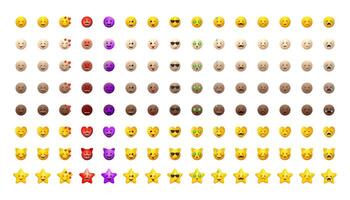 Emoji set. Emoticons pack for web and mobile applications. Facial signs for messengers and apps. Yellow and different skin colors icons. vector