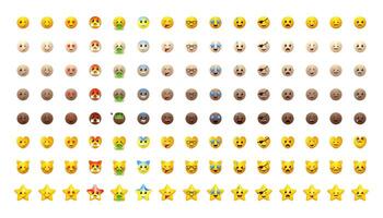 Emoji set. Emoticons pack for web and messengers. Facial signs for apps. Yellow and different skin colors icons. vector