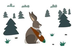 Gray hare with carrot. Forest with grass and tree, sky with clouds. vector