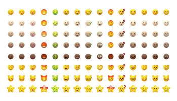 Emoji set. Emoticons pack for web and mobile applications. Facial signs for messengers and chats. Yellow and different skin colors icons. vector