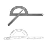 Metal and outline protractor ruler set. Metric tool collection. vector