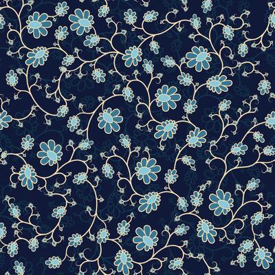 Oriental floral ornament, seamless pattern background. Turkish blue textile.