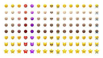 Emoji set. Emoticons pack for web and mobile applications. Facial signs for messengers and apps. Yellow and different skin colors icons. vector