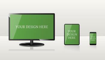 Mockup of computer, laptop, and smartphone with green screens. Editable background, shadow, glare vector