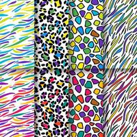 Multicolor tiger, zebra, giraffe and leopard print skin. Wildlife seamless pattern background set. Africa style wallpaper. vector