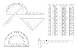 protractor, ruler straight and angular, vernier caliper outline set. Metric tool collection. vector