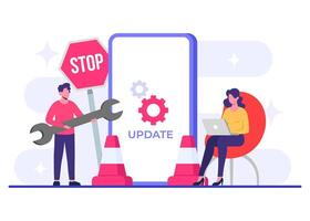 Smartphone with software update screen flat illustration, System maintenance, update process, install software, operating system vector