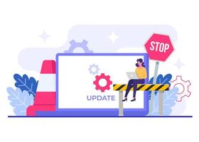 Laptop with software update screen flat illustration, System maintenance, update process, install software, operating system vector