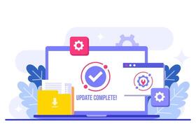 System maintenance flat illustration, Error, Fixing trouble, Device updating, Software system under maintenance, Software upgrade process on devices, People update operation system vector