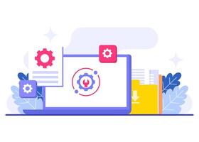 System maintenance flat illustration, Error, Fixing trouble, Device updating, Software system under maintenance, Software upgrade process on devices, People update operation system vector