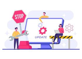 Computer with software update screen flat illustration, System maintenance, update process, install software, operating system vector
