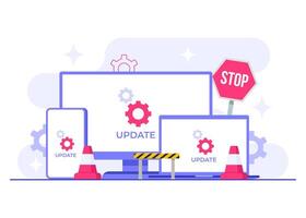 Devices with software update screens flat illustration, System maintenance, update process, install software, operating system vector