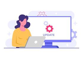 Software engineer updates operating system, Software update flat illustration, System maintenance, update process, install software vector