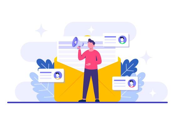 Character making announcement with megaphone, Email marketing flat illustration, Online business strategy, Advertising, Email newsletter