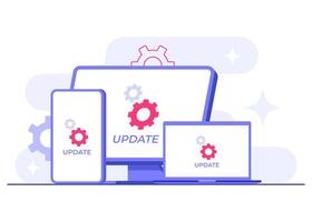 Devices with software update screens flat illustration, System maintenance, update process, install software, operating system vector