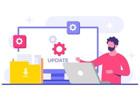 Software engineer updates operating system, Software update flat illustration, System maintenance, update process, install software vector