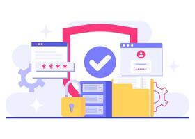 Database protection, Cyber security, Data Center, File management, cloud storage, Privacy data protection flat illustration for landing page, mobile app, poster, flyer, web banner, infographic vector