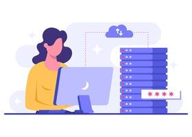 Engineer working with cloud computing and database service, Synchronize data, Secure file sharing, Upload and download files in the cloud server, Data backup, Online cloud storage vector
