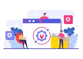 System maintenance flat illustration, Error, Fixing trouble, Device updating, Software system under maintenance, Software upgrade process on devices, People update operation system vector