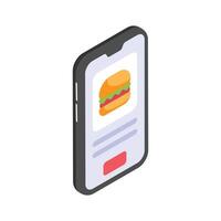 Smartphone showing a food delivery app interface, isometric icon of online order vector