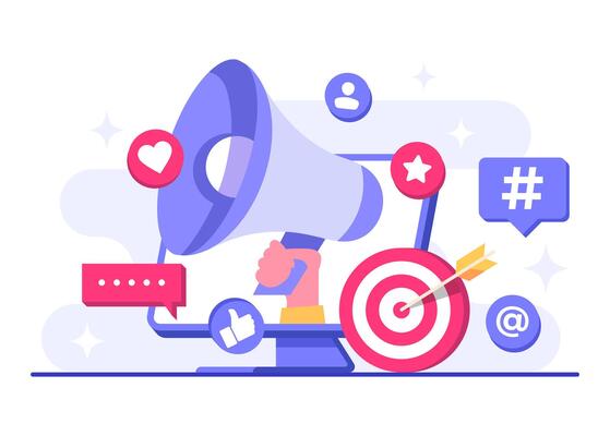 Digital marketing flat illustration, Ad campaign and online promotion, advertising content in social networks, Social media campaign, Promotion, E-commerce