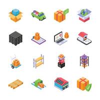 This set of isometric icons visually represents various aspects of delivery and logistics vector