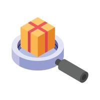 Icon of parcel tracking, parcel on magnifying glass, ready to use icon vector