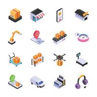This set of isometric icons represents various aspects of modern logistics and delivery services vector