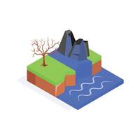 An isometric icon of mountain landscape with greenery and rocks vector