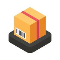 A standard shipping box labeled with a barcode, icon of a cardboard vector