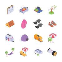 A vibrant collection of isometric icons depicting various elements of outdoor recreation vector